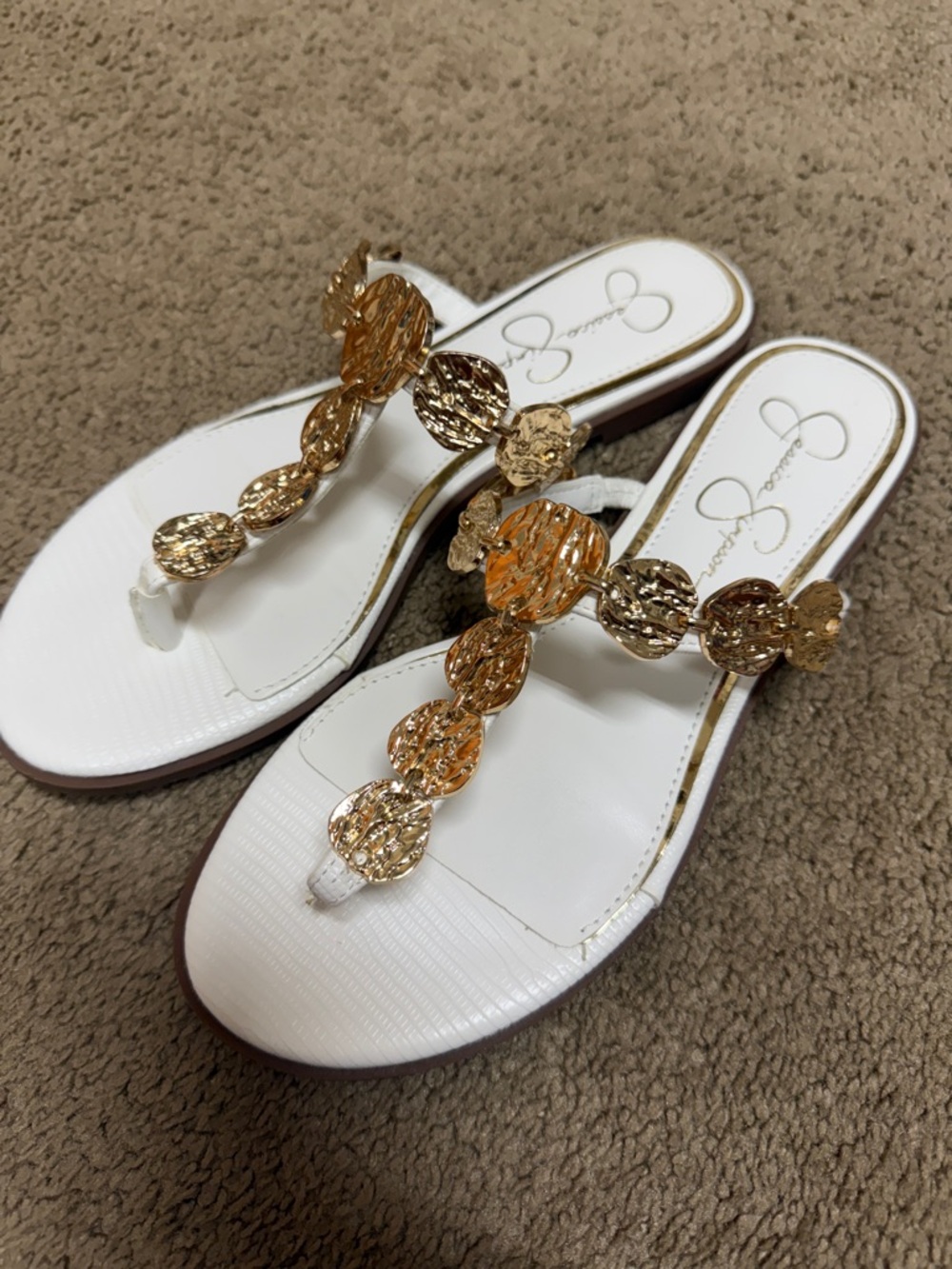 Jessica Simpson White Sandals with Gold Chain Thong